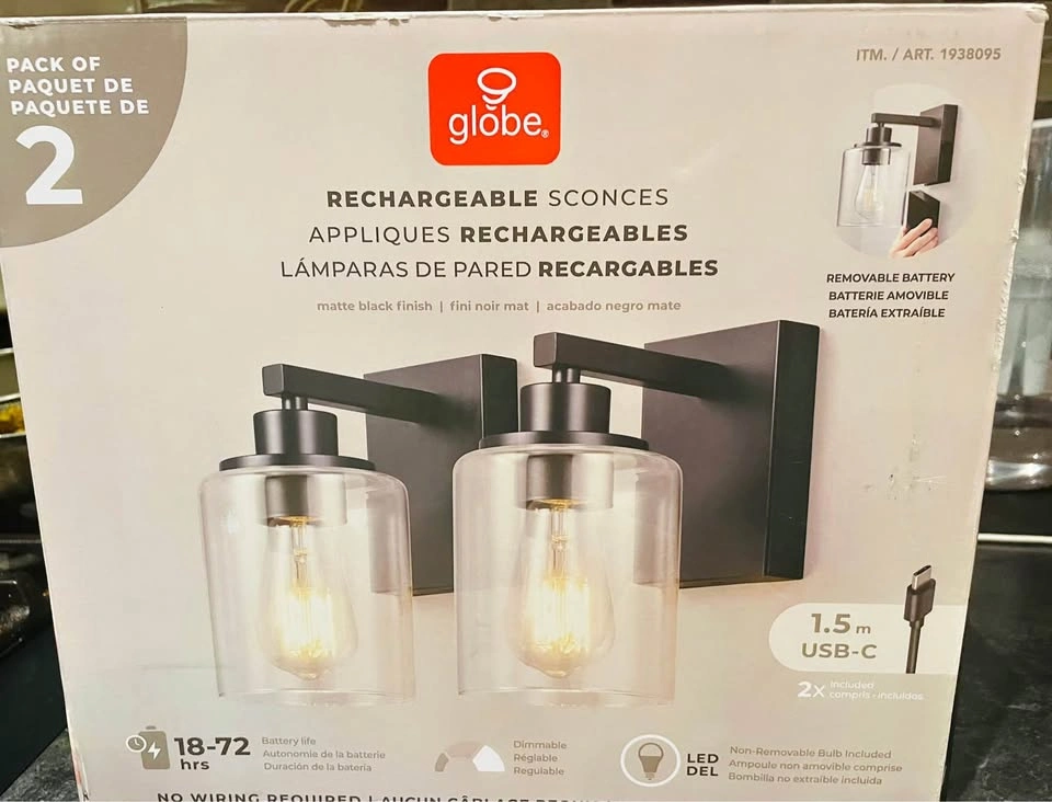 Globe Rechargeable Matte Black Sconces - 2 Pack - No Wiring!