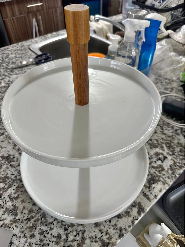 White 2-Tier Serving Tray with Wood Handle