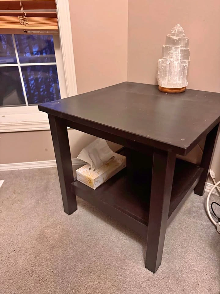 2 Dark Espresso End Tables with Lower Shelf — Solid, Good Condit
