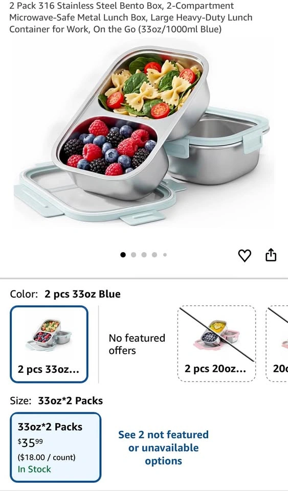 (New)2 Pack 316 Stainless Steel Bento Box (33oz/1000ml Blue)