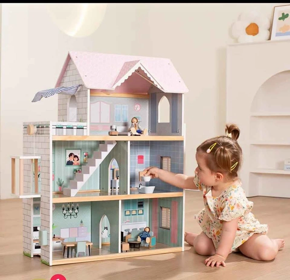 Large Pink Wooden Dollhouse with Furniture, Lights, Elevator