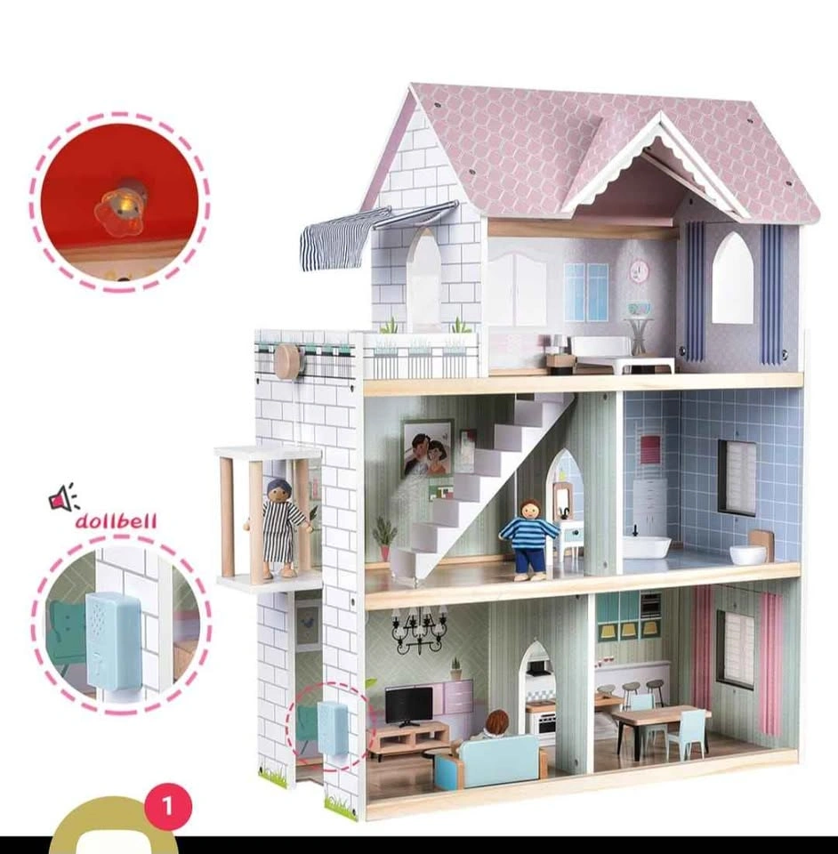 Large Pink Wooden Dollhouse with Furniture, Lights, Elevator - photo 2
