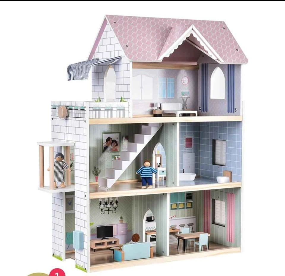 Large Pink Wooden Dollhouse with Furniture, Lights, Elevator - photo 3