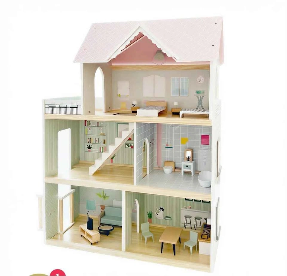Large Pink Wooden Dollhouse with Furniture, Lights, Elevator - photo 4