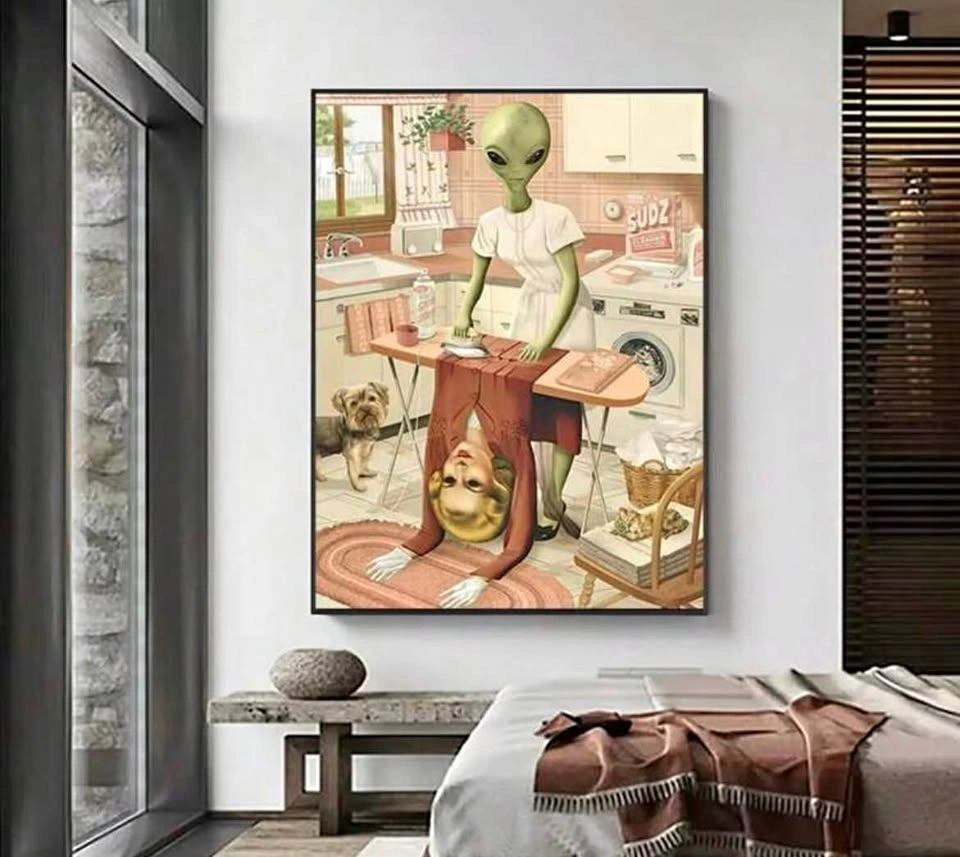Alien doing laundry painting style poster