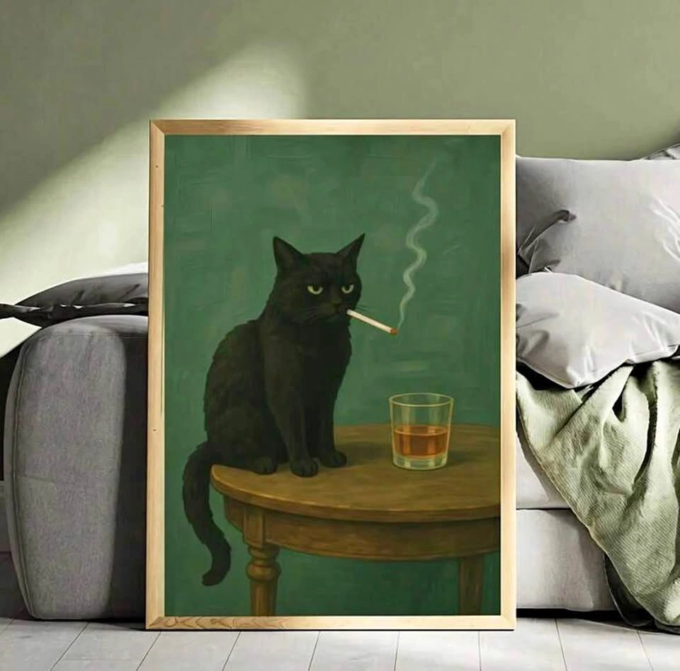 Cat smoking painting style poster