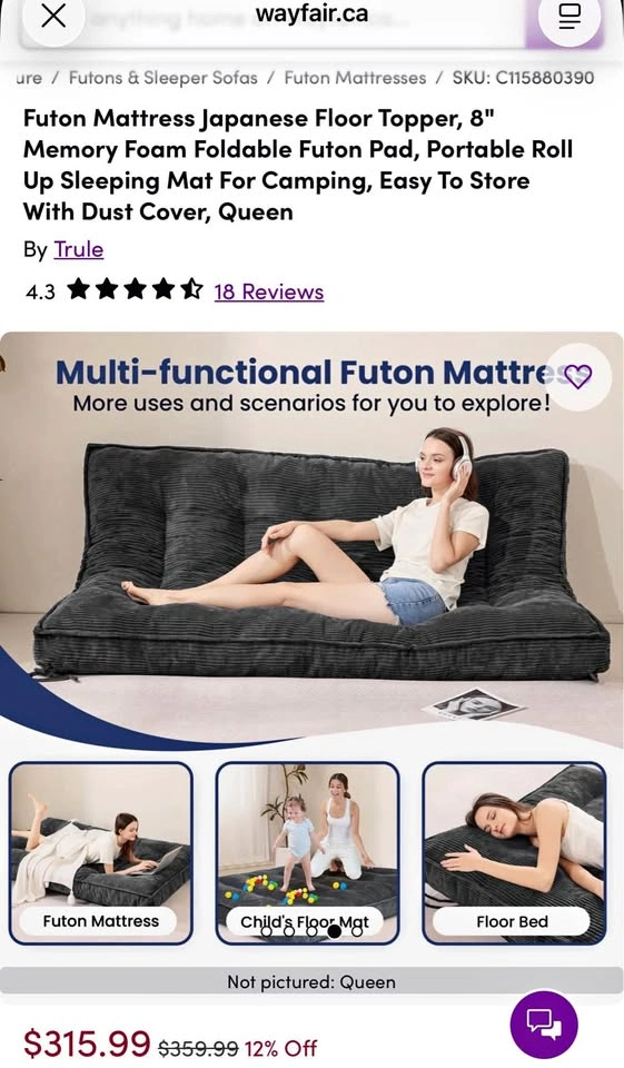 Futon Mattress Japanese Floor Topper, 8" Memory Foam Foldable Fu