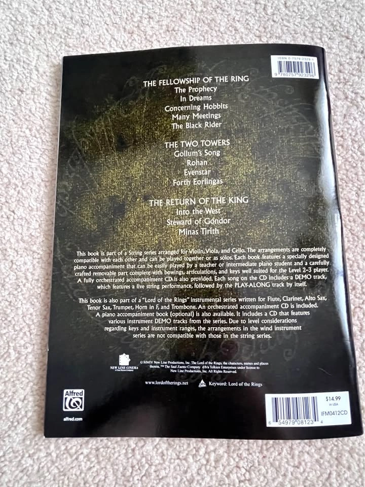 The Lord of the Rings Violin Solos w/ Piano Acc. & CD - BRAND NE - photo 2