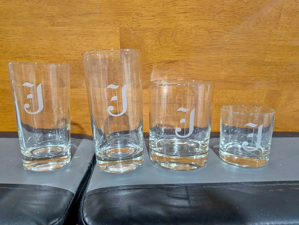 4-piece monogram glass set with letter J
