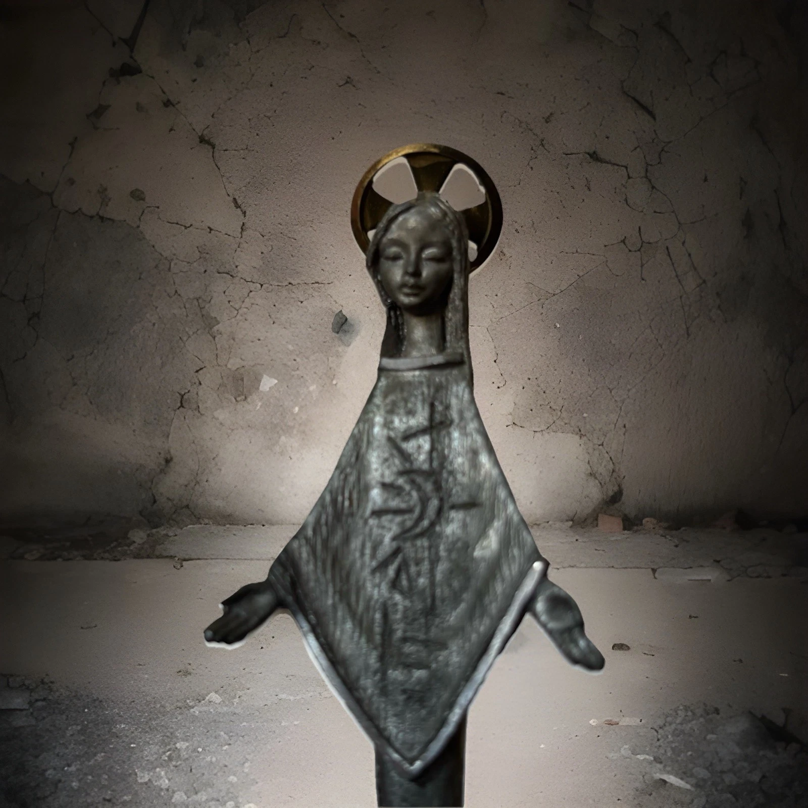 Vintage Pewter Mother Mary Statue - Hand-Chiselled, Granite Base