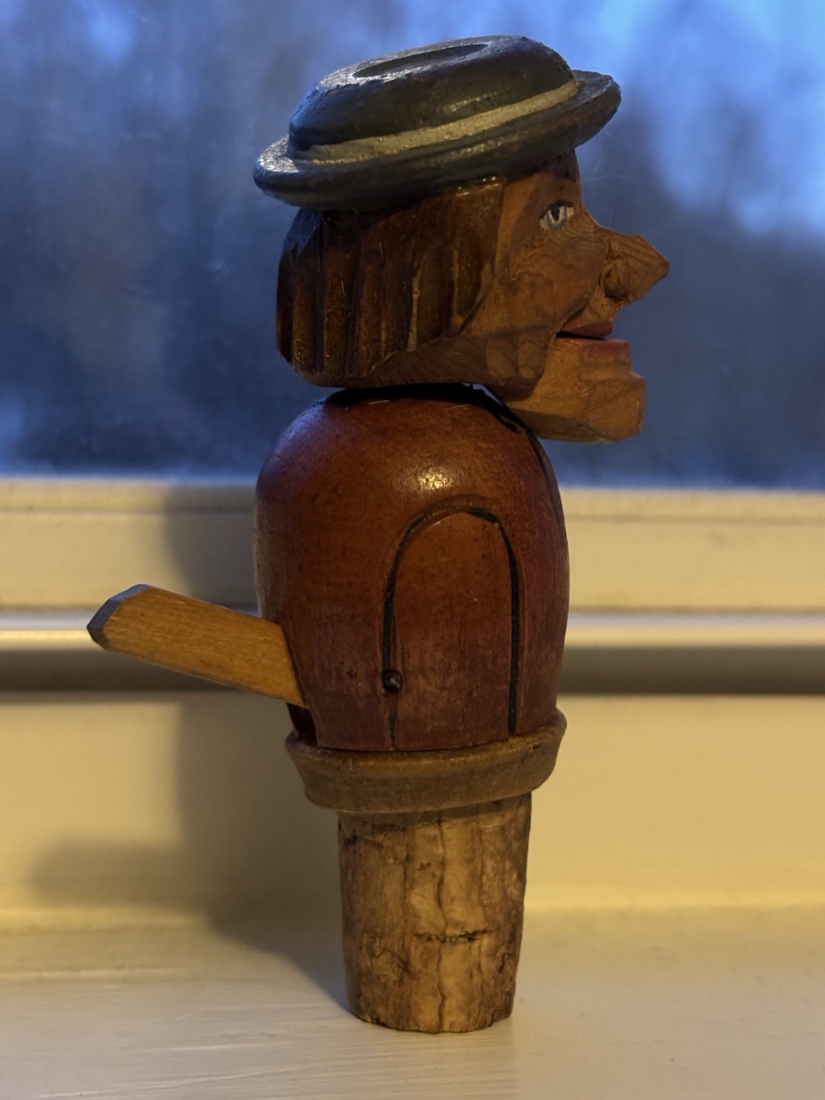 Vintage Anri Wood Carved Yakker Mechanical Man Cork Bottle Stopp - photo 3