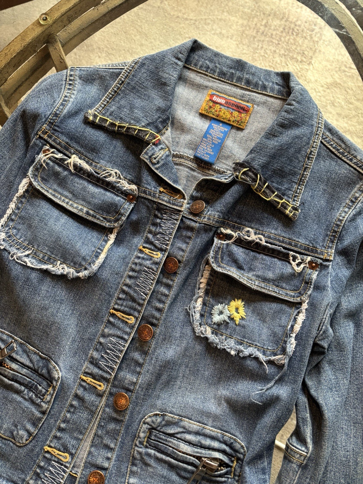 Vtg 90s Y2k Blue Asphalt Embroidered Floral Denim Jean Jacket S - photo 3