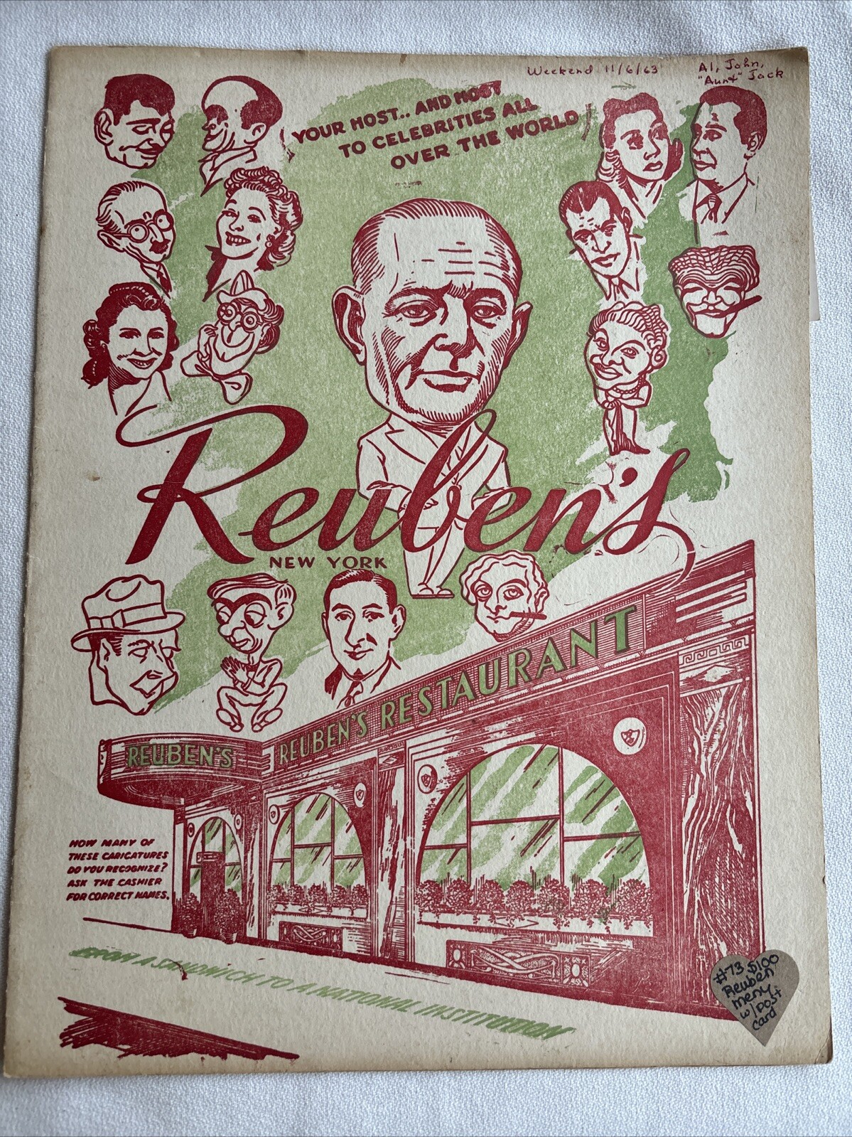1963 Reuben's Steak Chop Specialty Sandwich Restaurant Menu