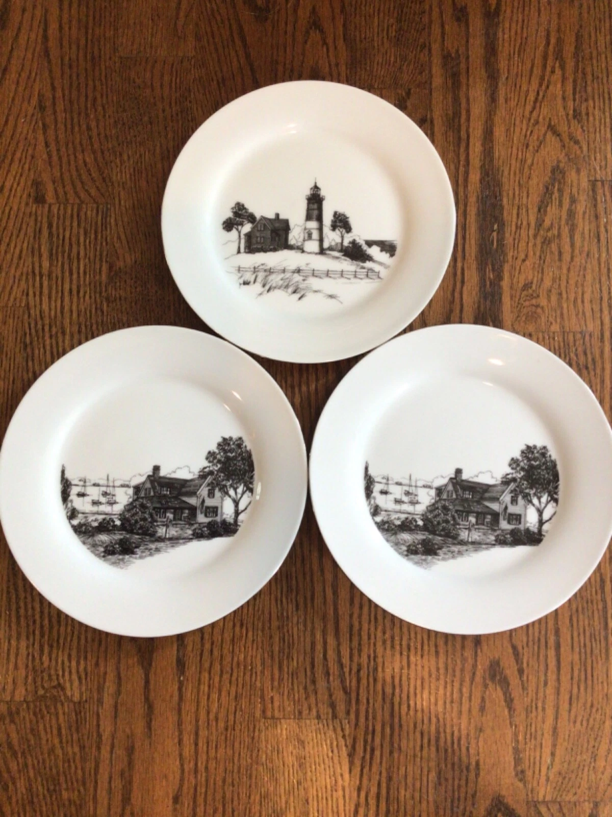 3 Nantucket Black and White China Plates