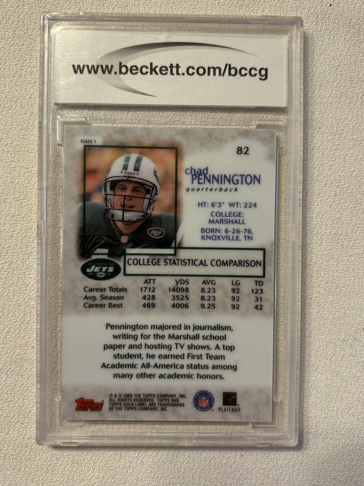 2000 Chad Pennington RC - BCCG 10 Topps Gold Label #82 - photo 4
