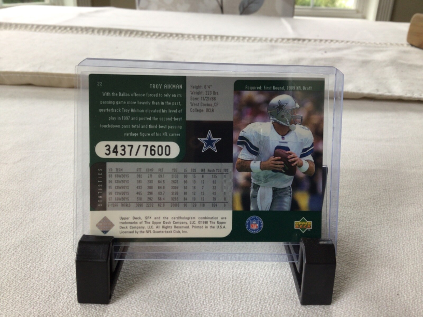 1998 Upper Deck SPx Finite Troy Aikman #22 Cowboys Card - photo 2