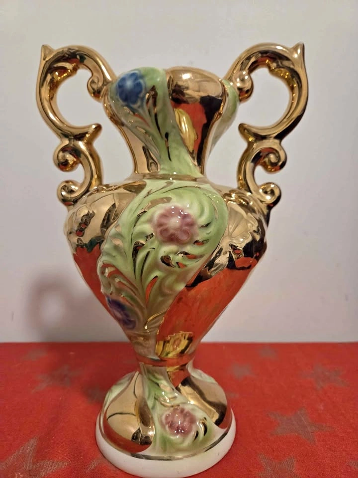Vintage Italian Rococo Porcelain Vase - Gold Accents, 12.75"