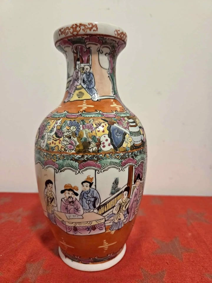 Vintage Chinese Rose Medallion Hand-Painted Vase, 10.25"