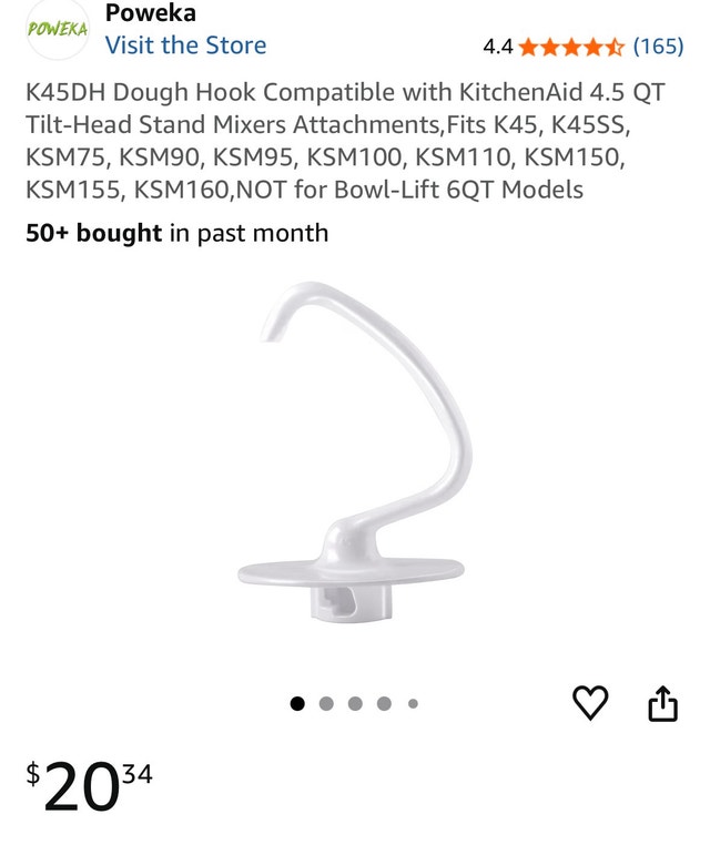 NEW KitchenAid Mixer Dough Hook Attachment (4.5 QT)