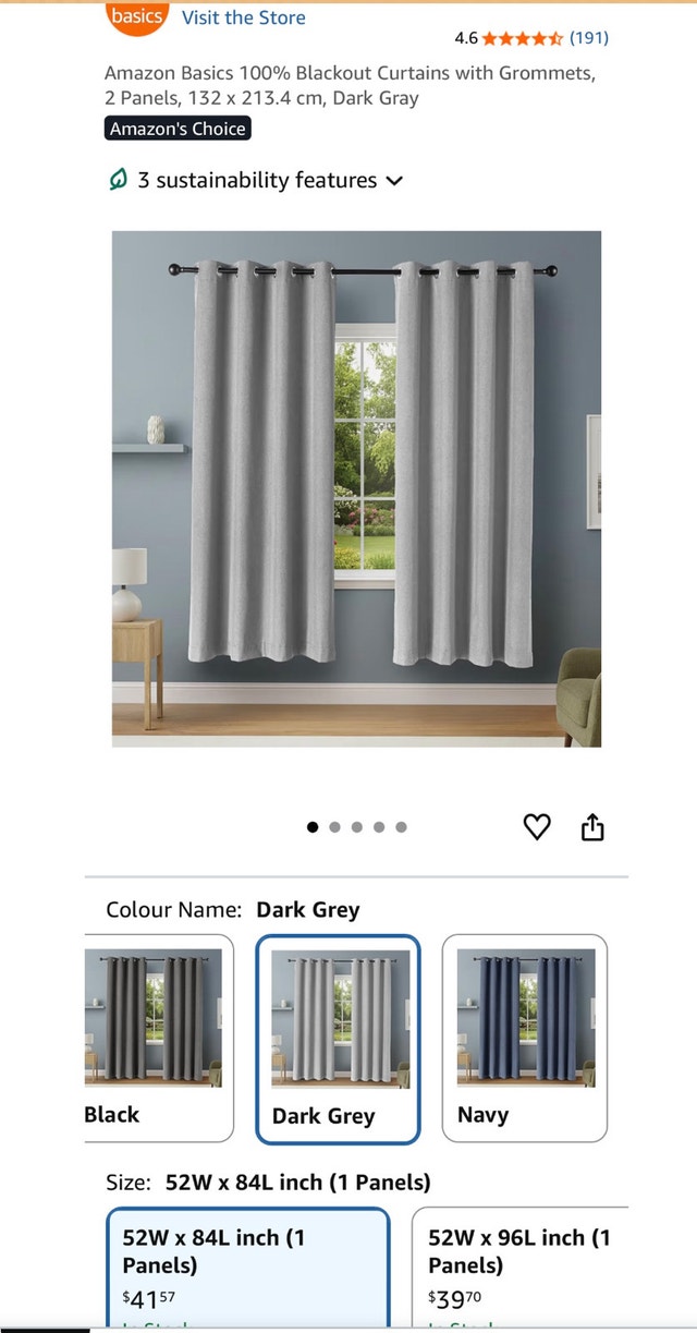 NEW - Amazon Basics Dark Gray Blackout Curtain Panel 42x84