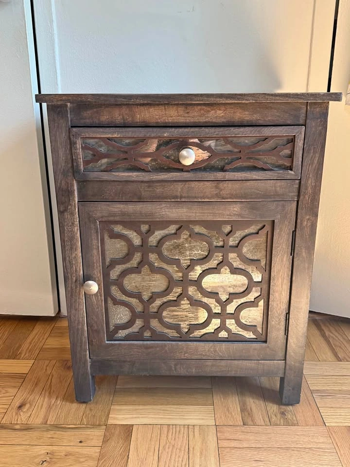 Antiqued Dark Wood Mirror Cabinet Nightstand