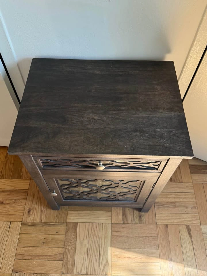 Antiqued Dark Wood Mirror Cabinet Nightstand - photo 2