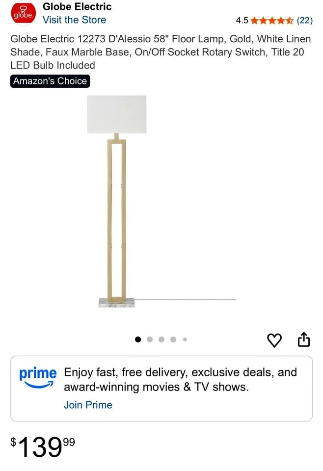 Gold Floor Lamp w/ Faux Marble Base