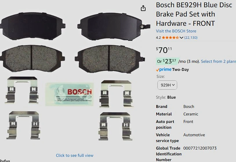 Bosch BE929H Blue Ceramic Front Disc Brake Pads w/ Hardware Kit