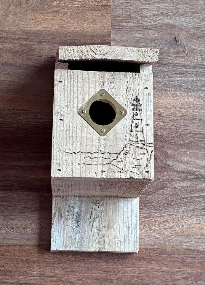 Cedar Bird House, handmade & wood burned with lighthouse