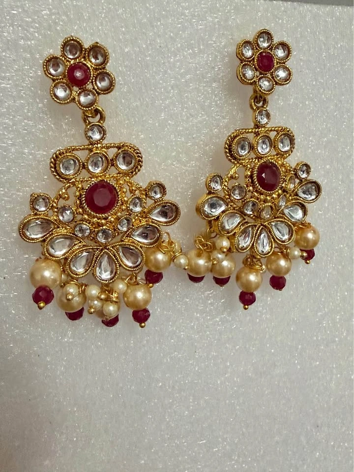 Gorgeous Kundan Chandbali Earrings – Ruby Red & Pearl – Bridal/F