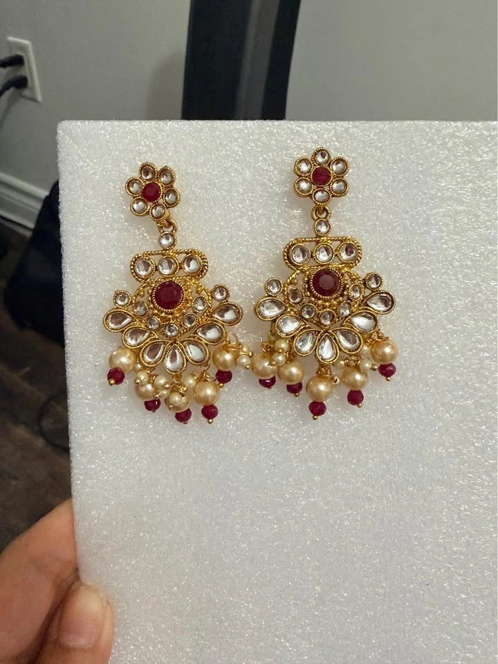 Gorgeous Kundan Chandbali Earrings – Ruby Red & Pearl – Bridal/F - photo 2