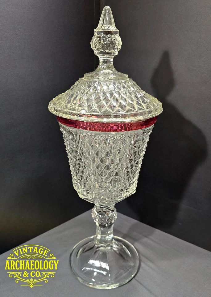 Pressed Glass Covered Candy Dish - Diamond Point w/ Ruby Flash