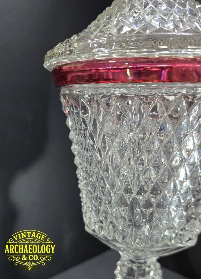 Pressed Glass Covered Candy Dish - Diamond Point w/ Ruby Flash - photo 2