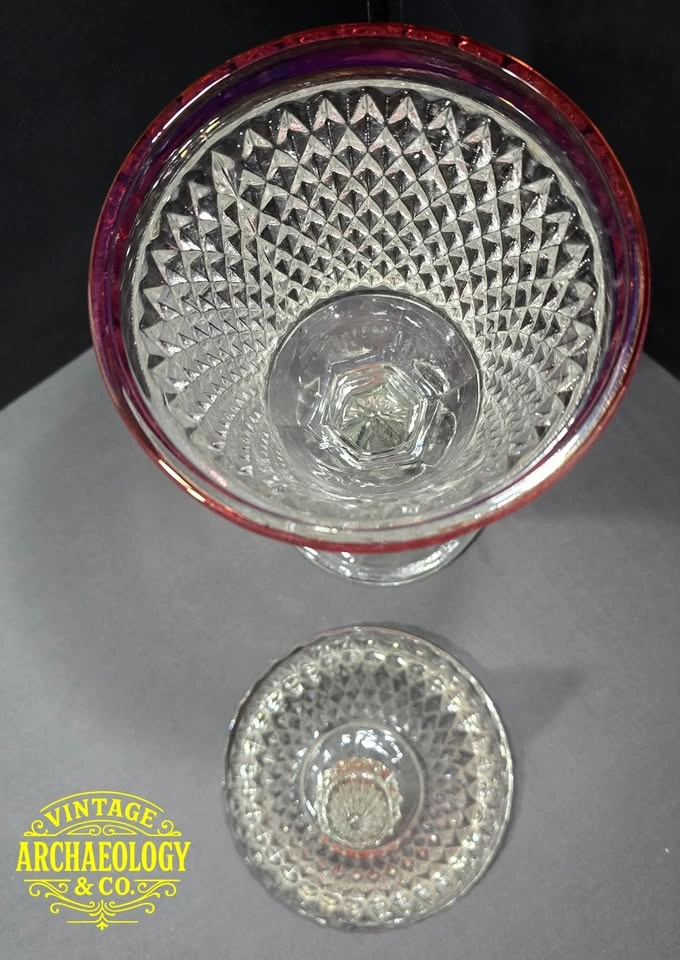 Pressed Glass Covered Candy Dish - Diamond Point w/ Ruby Flash - photo 3