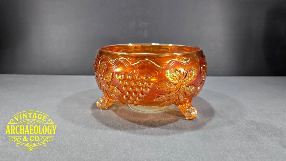 Carnival Glass Three-Footed Bowl - Grape & Leaf Pattern