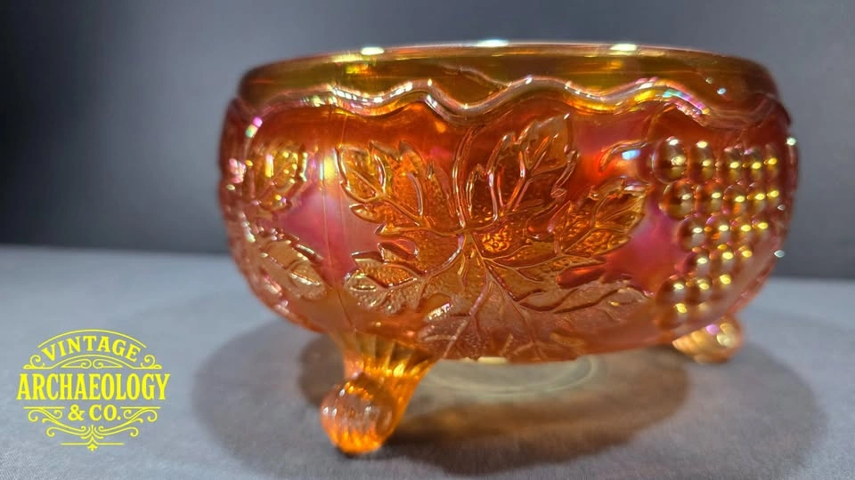 Carnival Glass Three-Footed Bowl - Grape & Leaf Pattern - photo 2