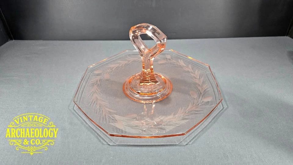 PINK DEPRESSION GLASS OCTAGONAL CENTER-HANDLE SERVING TRAY