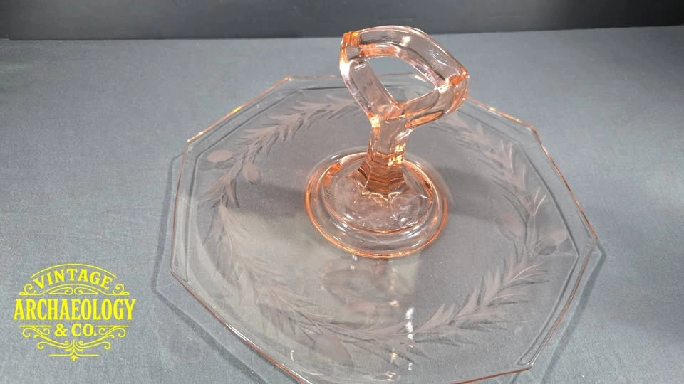 PINK DEPRESSION GLASS OCTAGONAL CENTER-HANDLE SERVING TRAY - photo 2