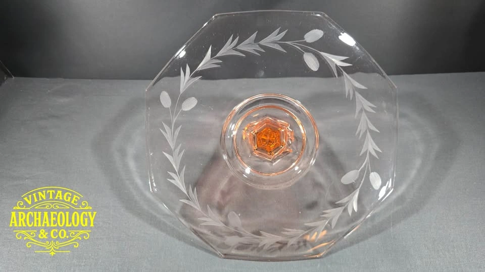 PINK DEPRESSION GLASS OCTAGONAL CENTER-HANDLE SERVING TRAY - photo 3