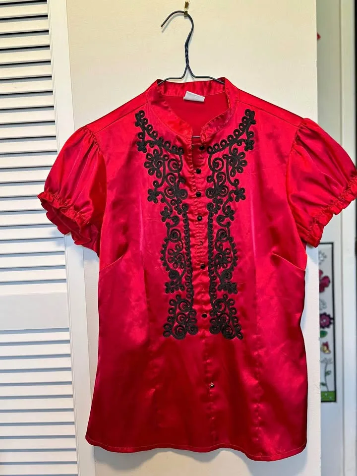 Red Satin Blouse with Black Embroidery Size Medium thumbnail