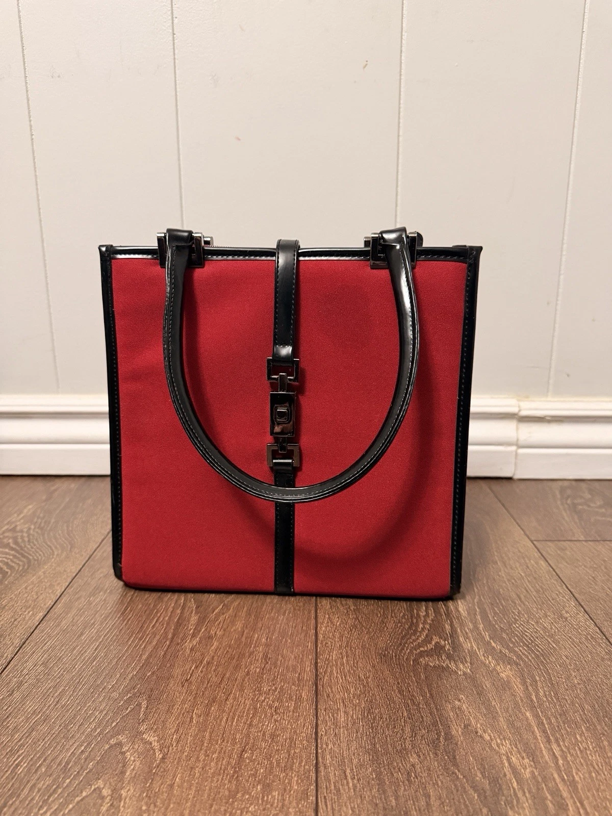 Chic Red Canvas Square Tote Bag Black Patent Trim Toggle Clasp T