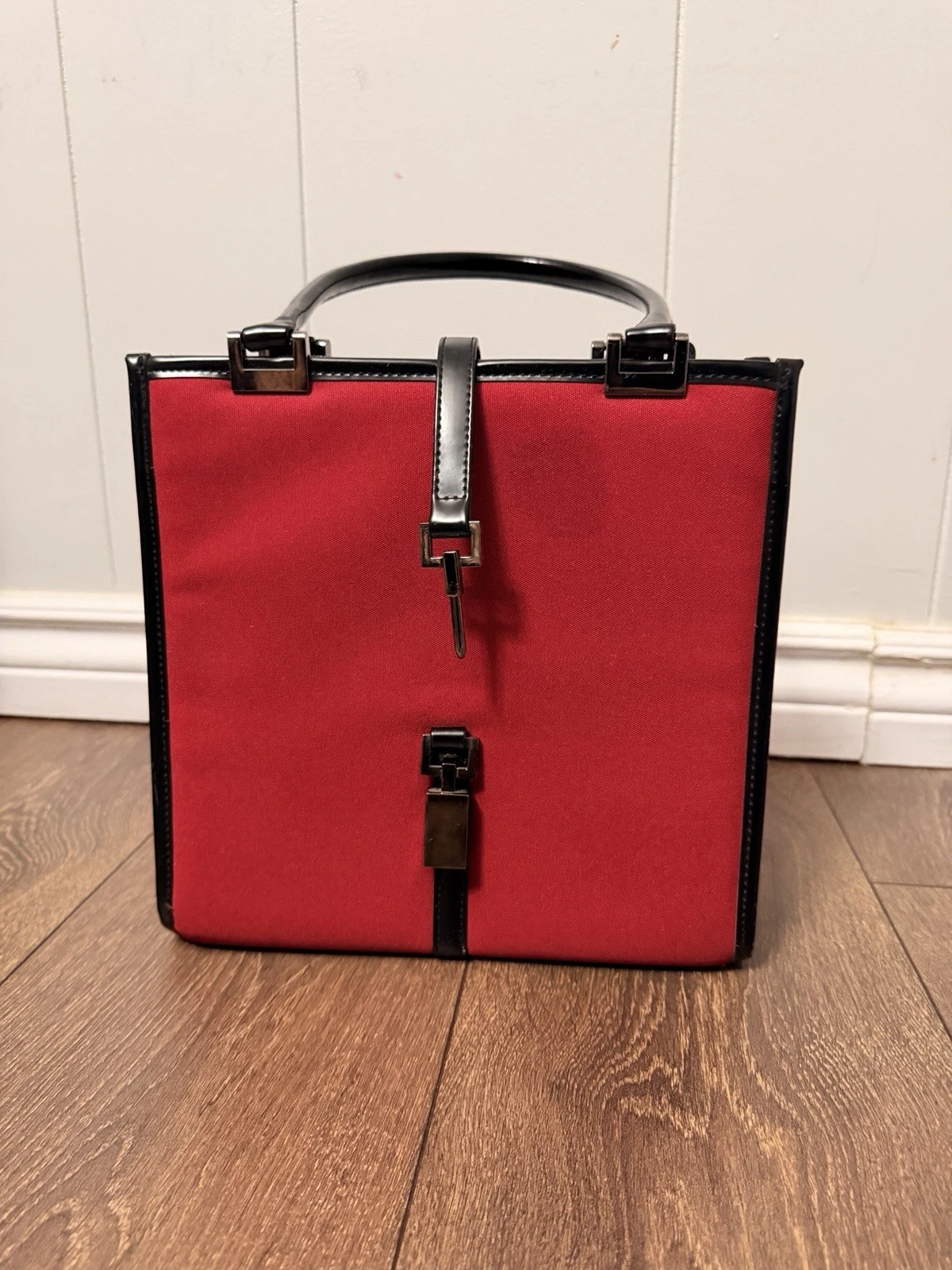 Chic Red Canvas Square Tote Bag Black Patent Trim Toggle Clasp T - photo 2