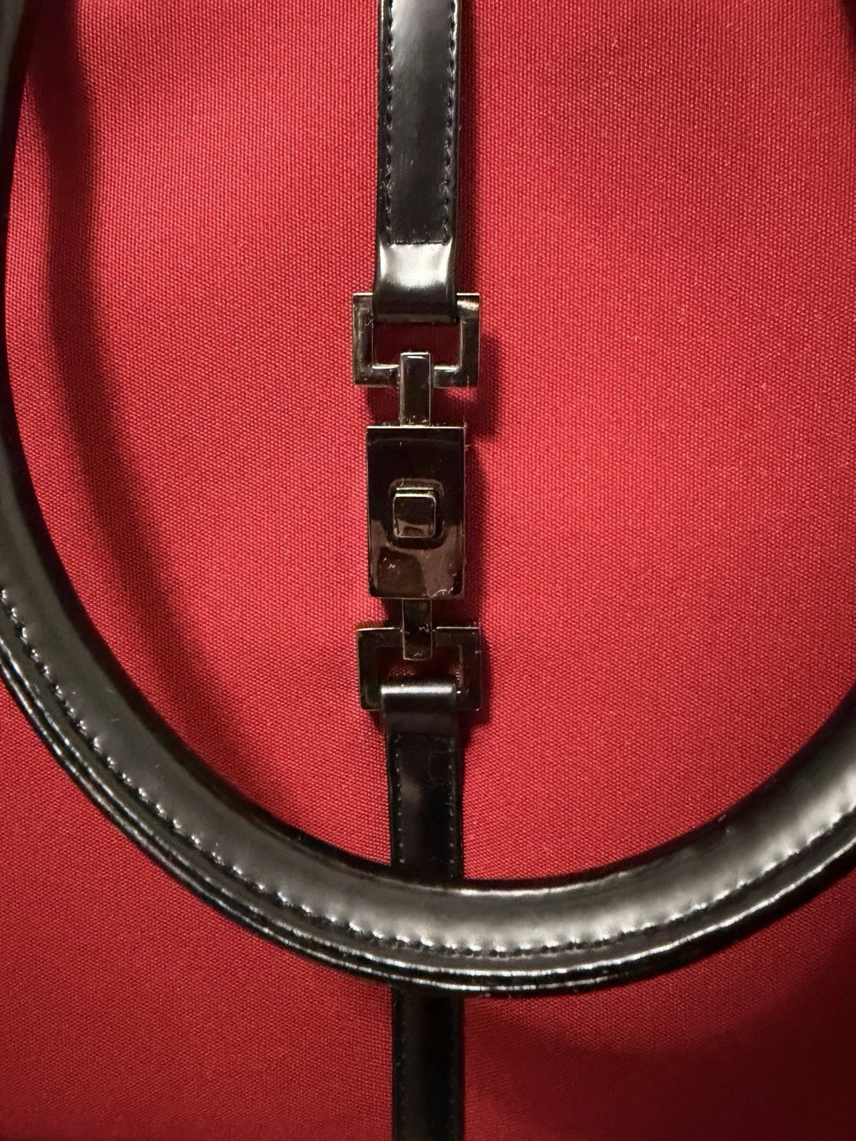 Chic Red Canvas Square Tote Bag Black Patent Trim Toggle Clasp T - photo 3