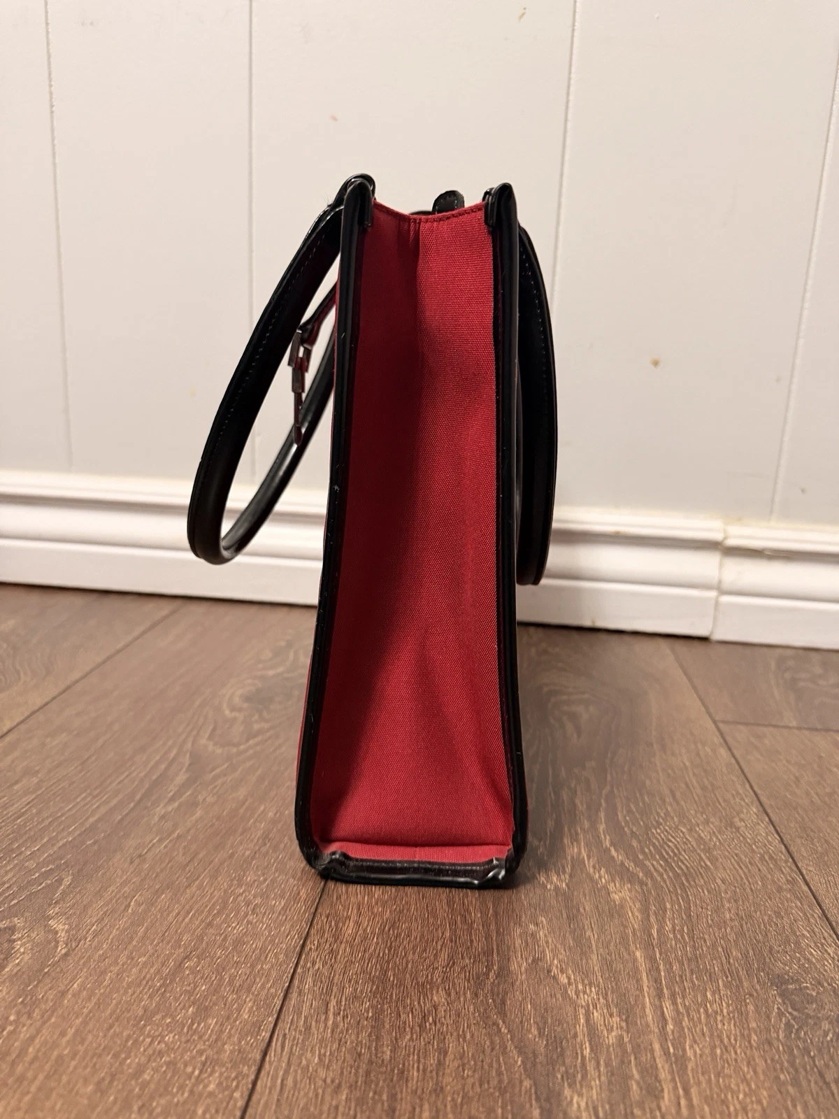 Chic Red Canvas Square Tote Bag Black Patent Trim Toggle Clasp T - photo 5