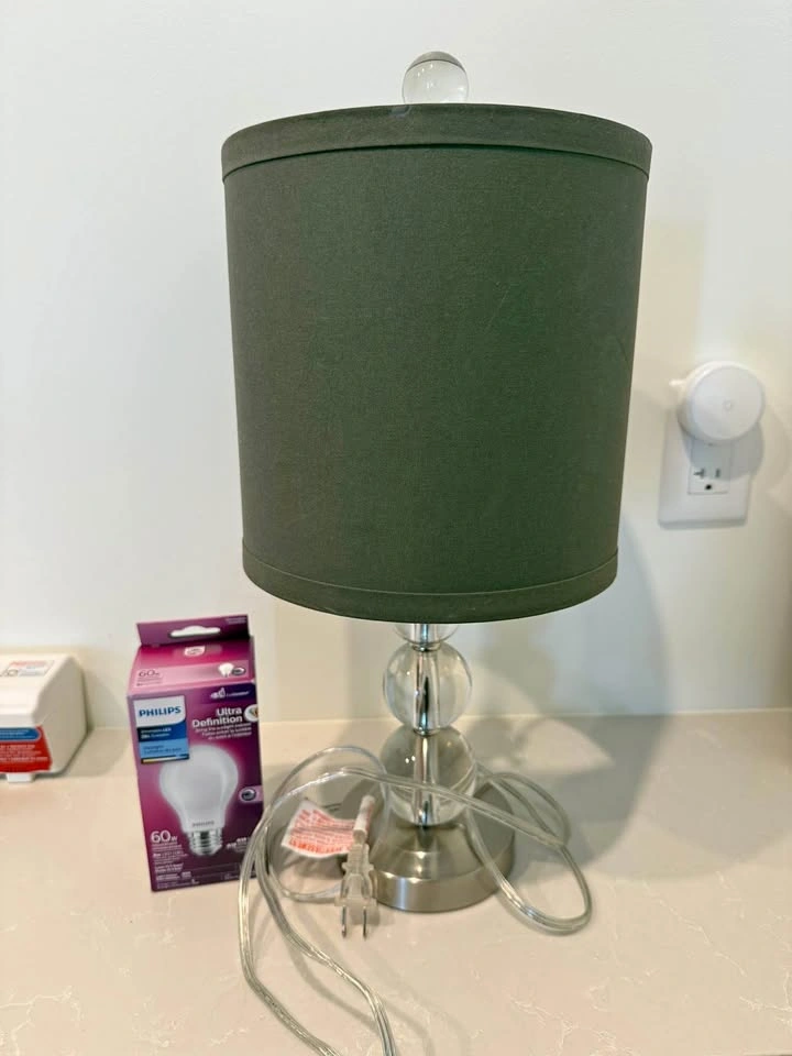 Modern Glass & Silver Table Lamp w Dark Green Shade + Philips LE