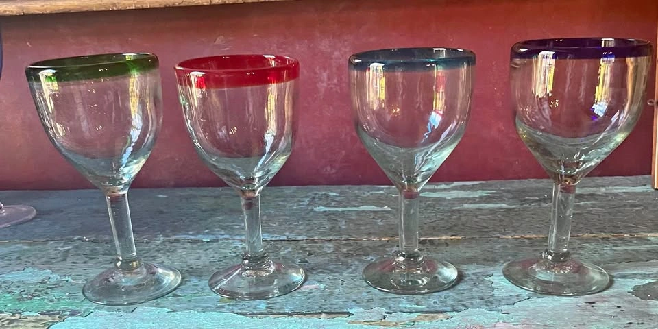 Handblown Mexican Wine Glasses with Colored Rims