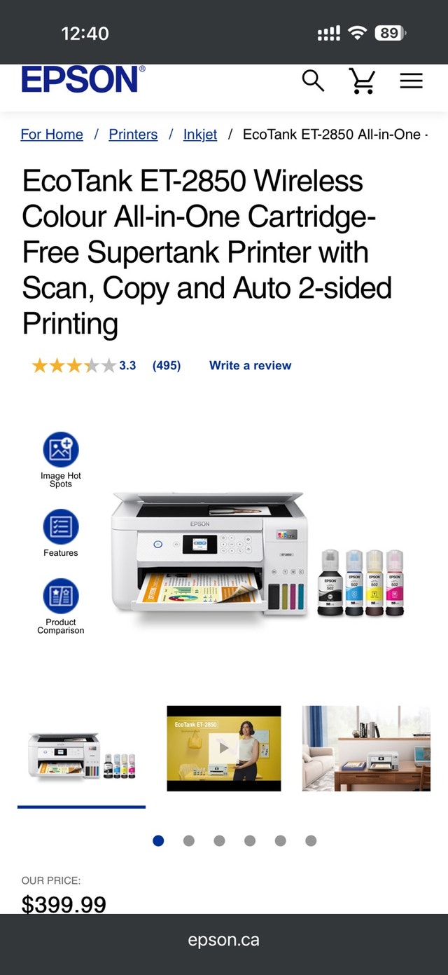 Epson Ecotank ET-2850 All-in-One Printer, Scanner, Copier