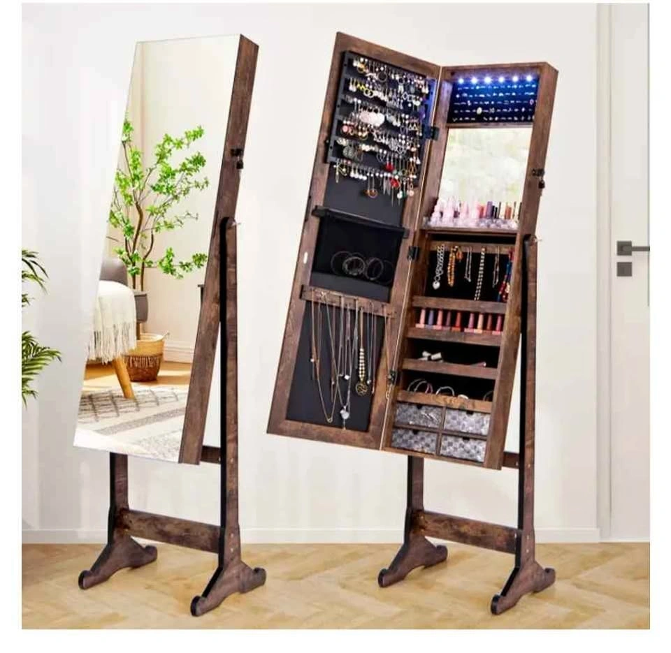 Free Standing Jewelry Cabinet with Lights, Rustic Brown