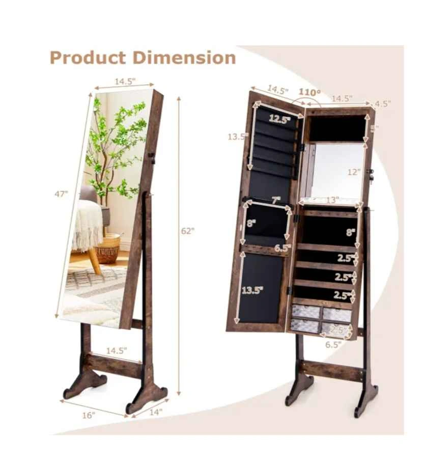 Free Standing Jewelry Cabinet with Lights, Rustic Brown - photo 2