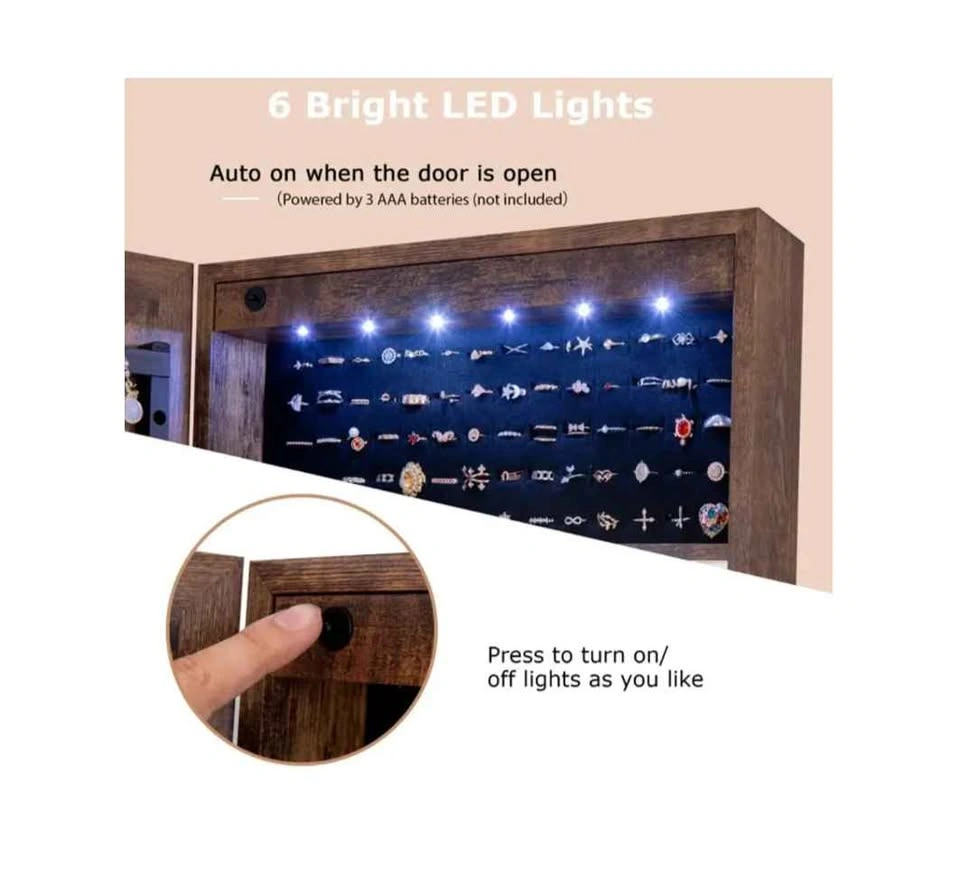 Free Standing Jewelry Cabinet with Lights, Rustic Brown - photo 4